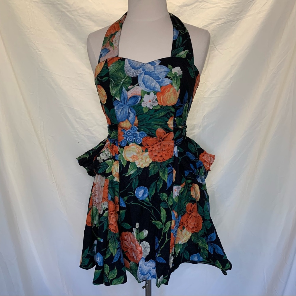 Vintage 80’s Mondi Size 38 Bouquet Waist Ruffled Knee Length Halter Dress